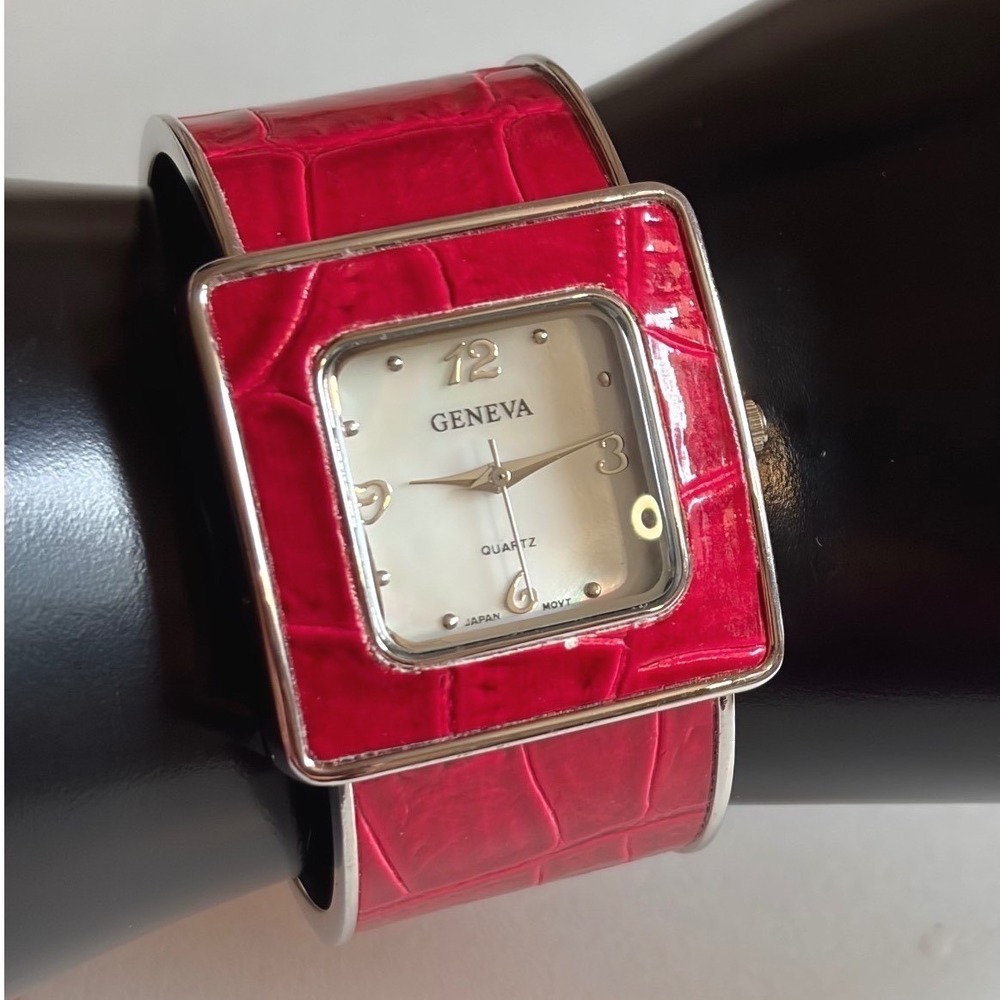 Geneva Women Red Faux Croc Cuff Watch Square Mother of Pearl Dial Quartz